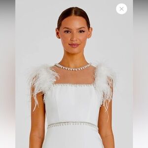 Mac Duggal White Feather Cap Sleeve Pearl Embellished Tea-Length Dresd